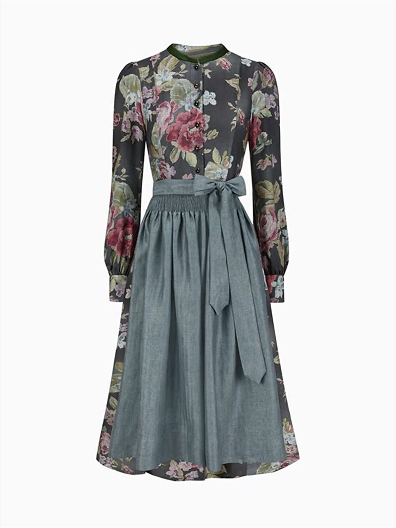 Long Women's Vintage Dirndl Dress with Floral Pattern and Apron, Made of High-Quality Fabric