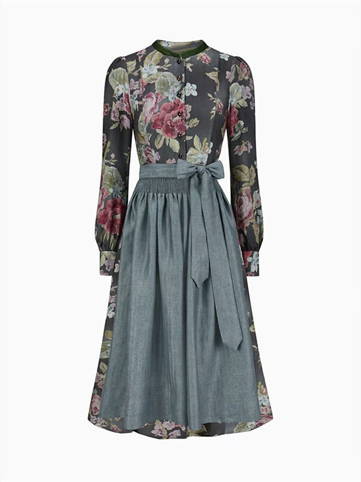 Long Women's Vintage Dirndl Dress with Floral Pattern and Apron, Made of High-Quality Fabric