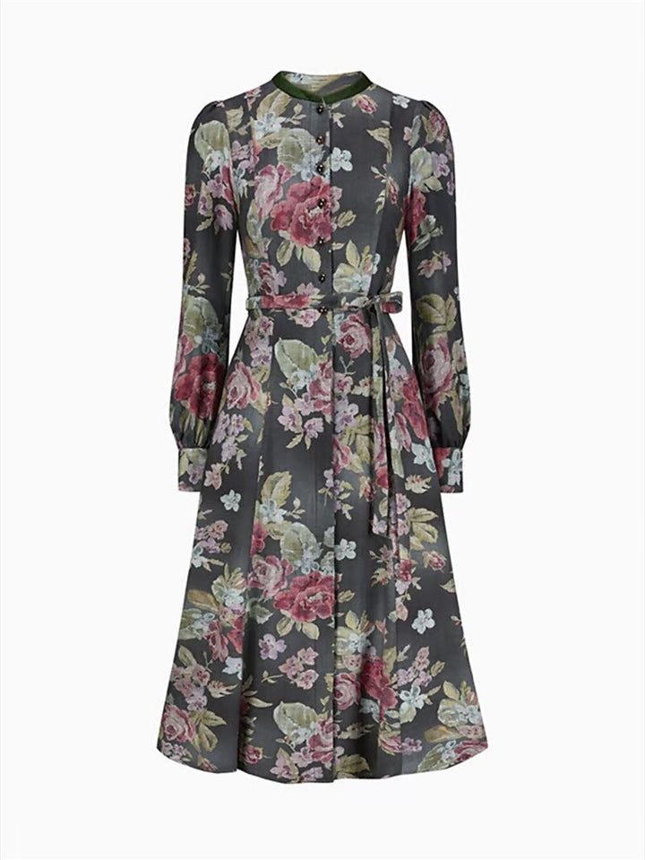 Long Women's Vintage Dirndl Dress with Floral Pattern and Apron, Made of High-Quality Fabric
