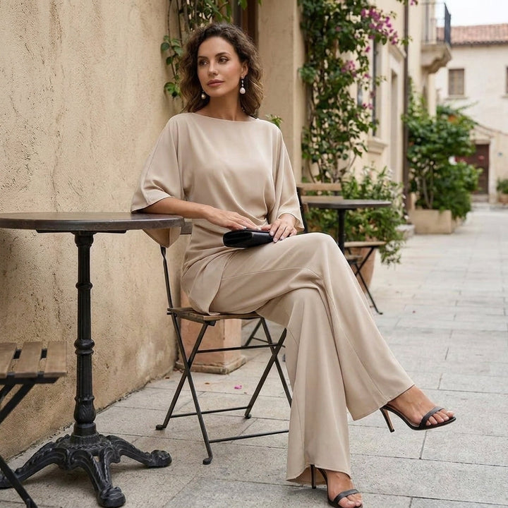 Draped Blouse and Wide-Leg Pants – Two-Piece Set
