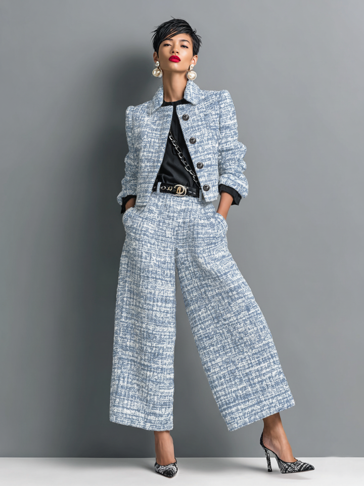 Two-piece structured women's trouser suit with wide-leg pants