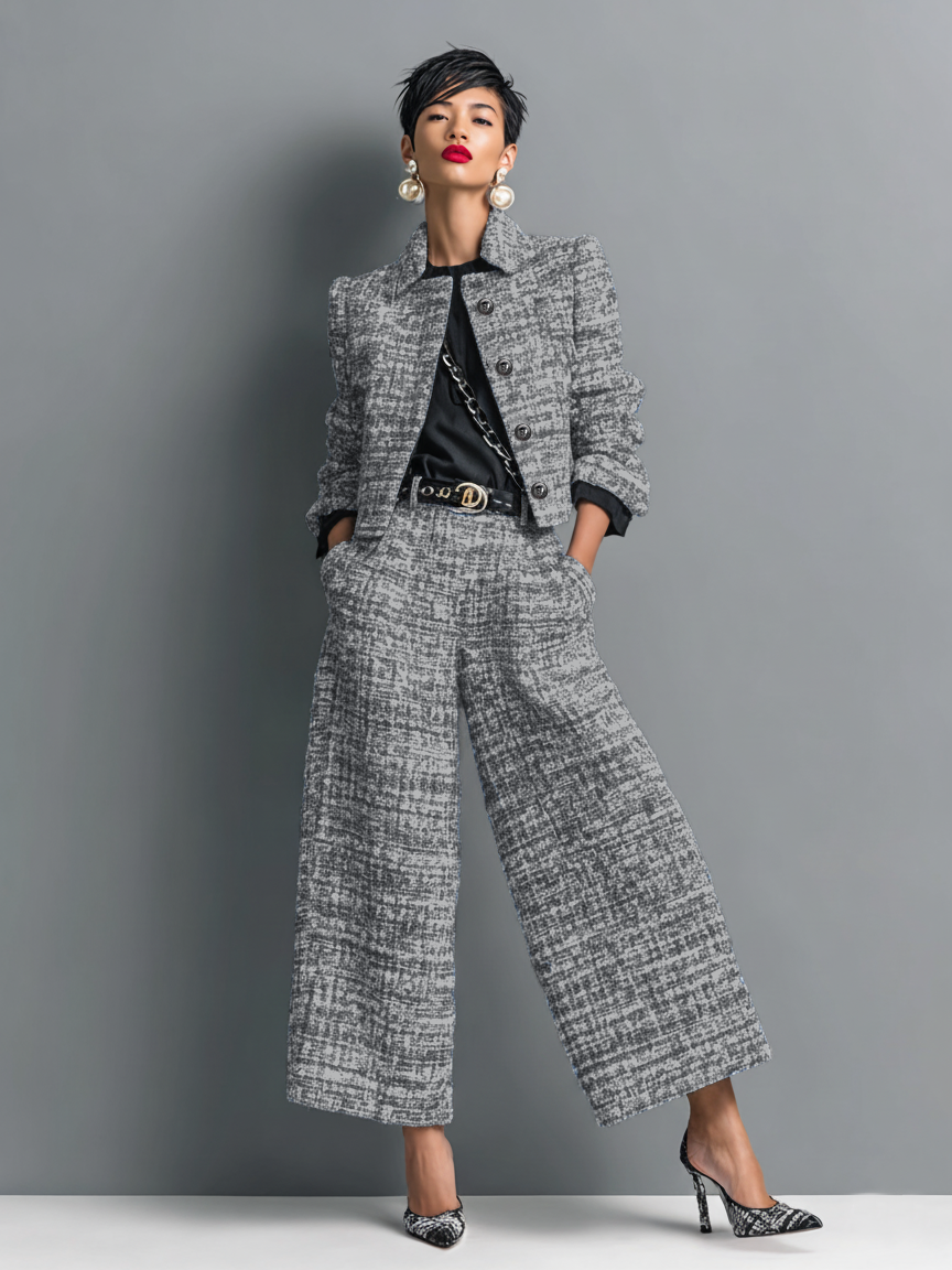 Two-piece structured women's trouser suit with wide-leg pants