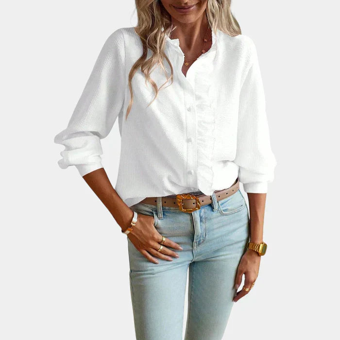 Striped Women's Blouse with Ruffles and Elegant Button Closure