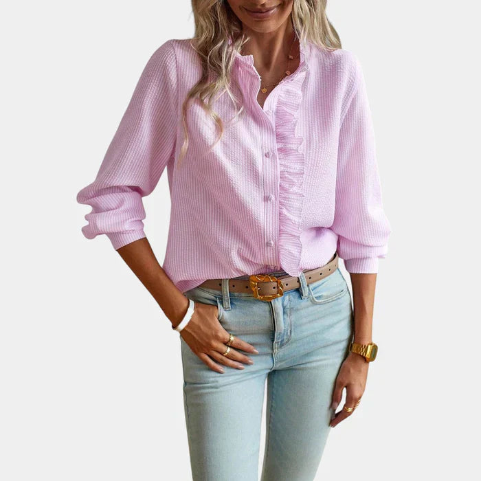 Striped Women's Blouse with Ruffles and Elegant Button Closure