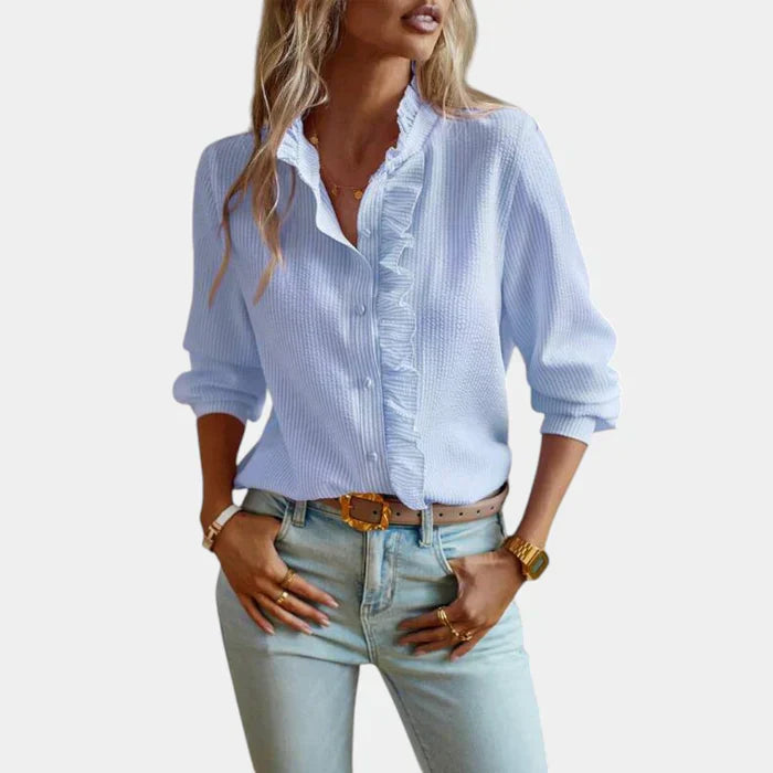 Striped Women's Blouse with Ruffles and Elegant Button Closure