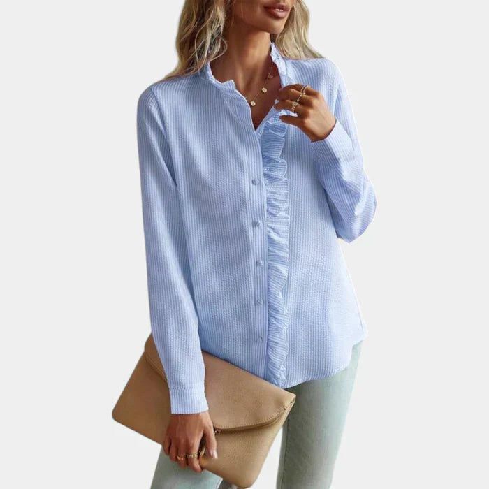 Striped Women's Blouse with Ruffles and Elegant Button Closure