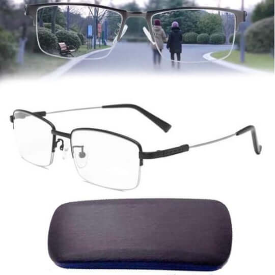 Progressive multifocal spectacles for near and distance vision with anti‑glare and UV protection