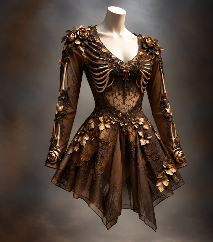 Women's Gothic Long-Sleeve V-Neck Mini Dress with Bone and Floral Detail