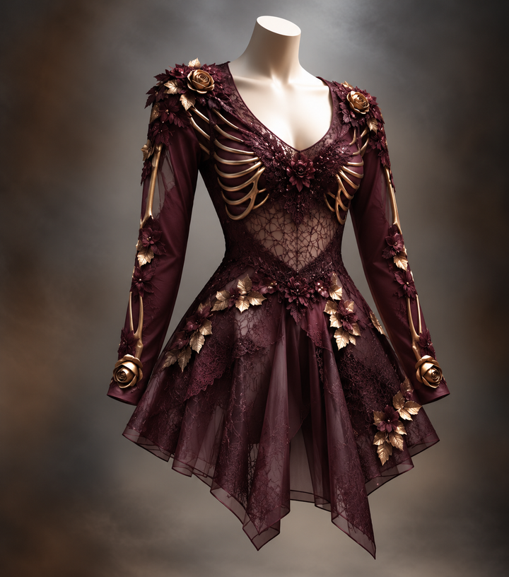 Women's Gothic Long-Sleeve V-Neck Mini Dress with Bone and Floral Detail