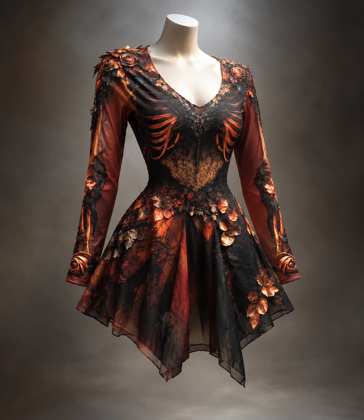 Women's Gothic Long-Sleeve V-Neck Mini Dress with Bone and Floral Detail