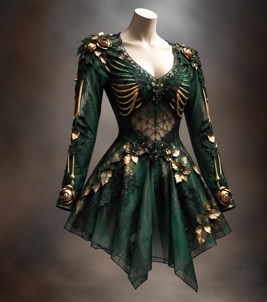 Women's Gothic Long-Sleeve V-Neck Mini Dress with Bone and Floral Detail