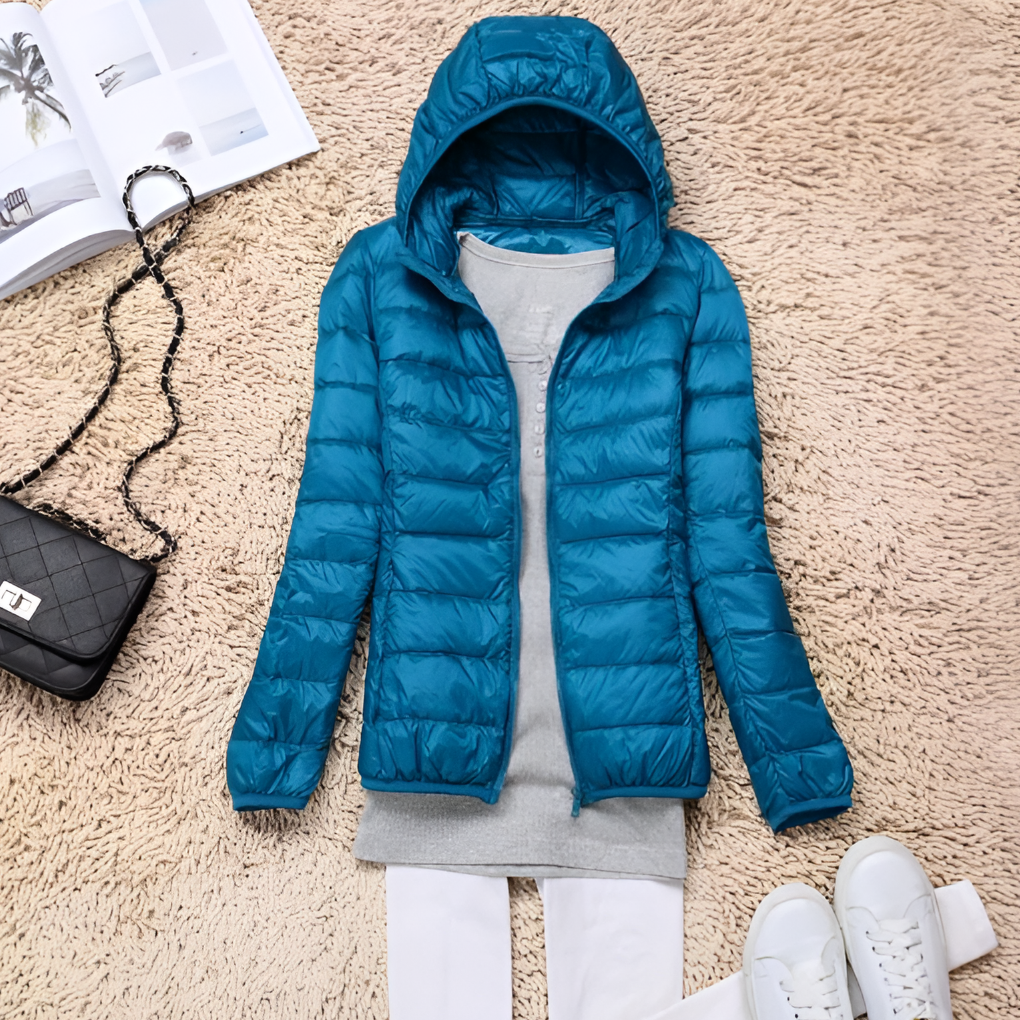 Ultra-Light, Packable Down Coat with Hood for Women