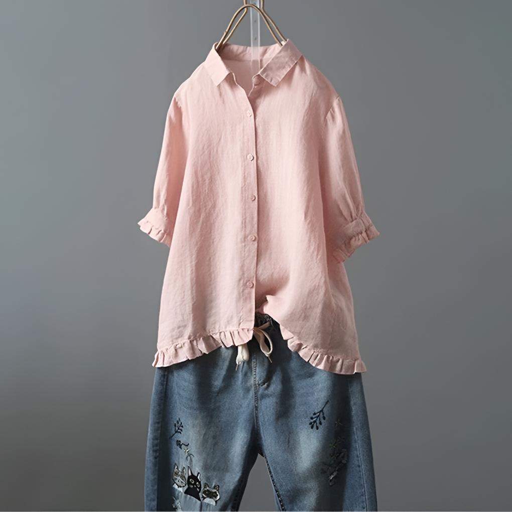 Button Down Cotton Blouse with Ruffled Hem
