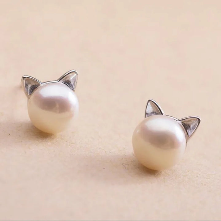 Cat pearl stud earrings in sterling silver