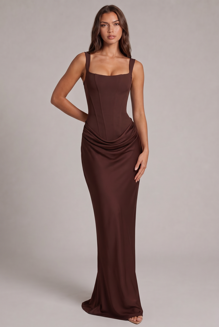 Maxi dress with structured corset bodice and square neckline