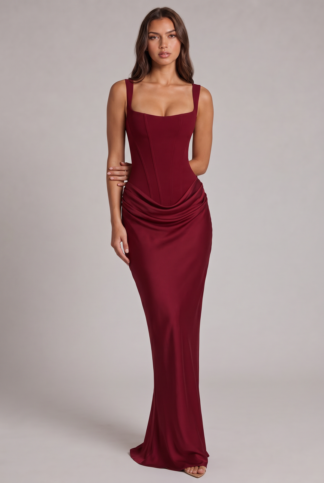 Maxi dress with structured corset bodice and square neckline