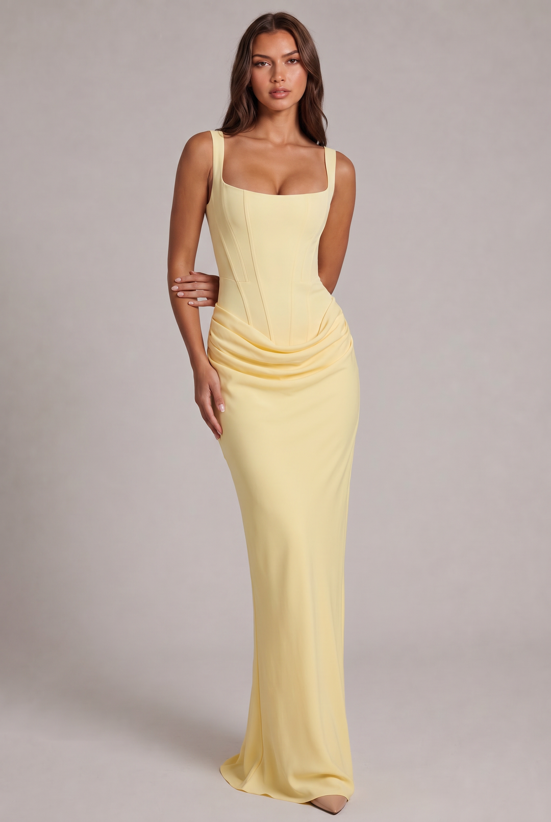 Maxi dress with structured corset bodice and square neckline