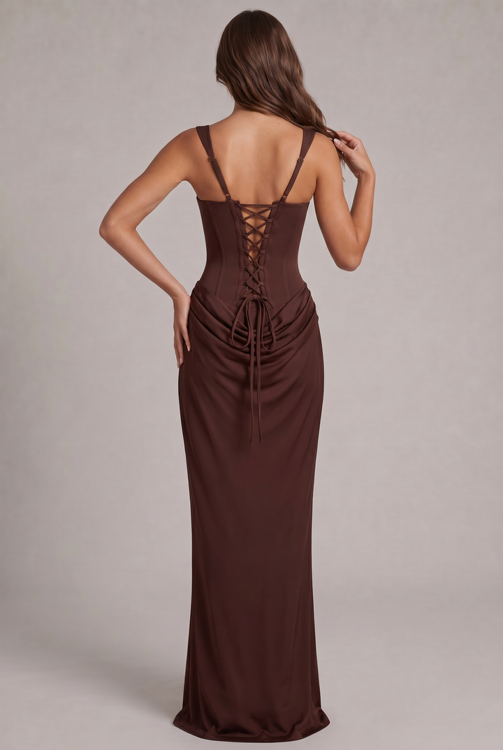 Maxi dress with structured corset bodice and square neckline