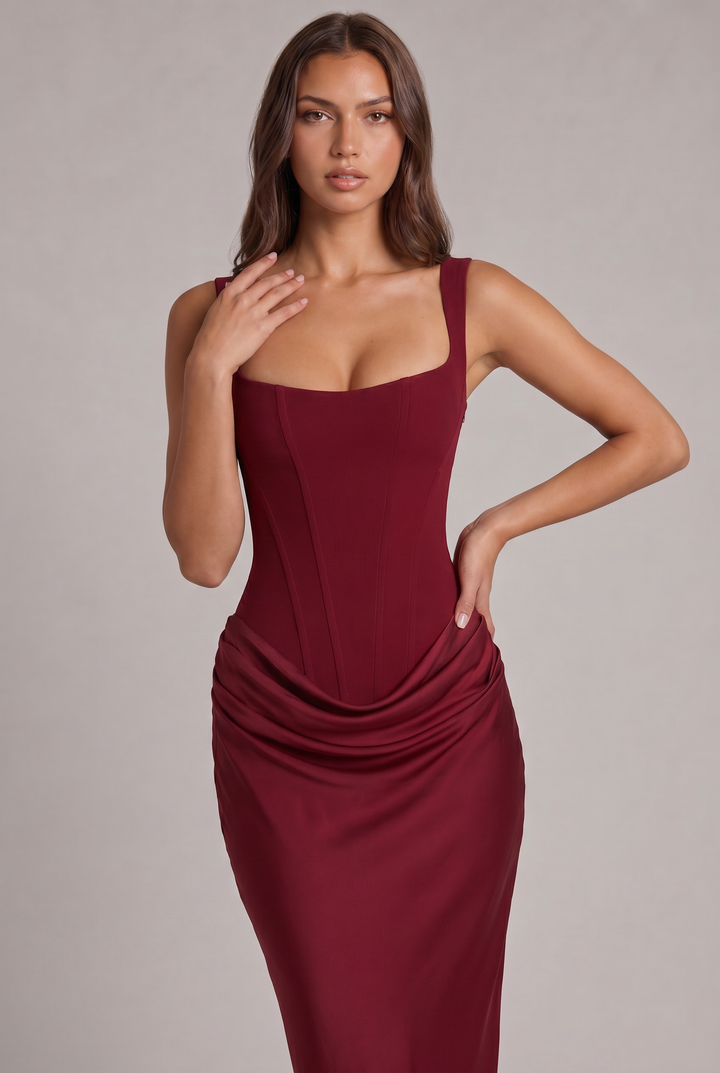 Maxi dress with structured corset bodice and square neckline
