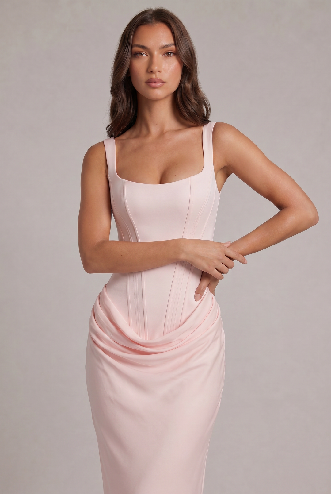 Maxi dress with structured corset bodice and square neckline