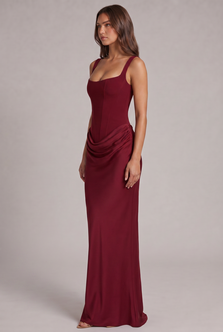 Maxi dress with structured corset bodice and square neckline