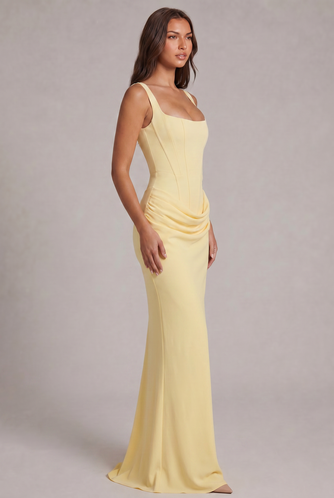 Maxi dress with structured corset bodice and square neckline
