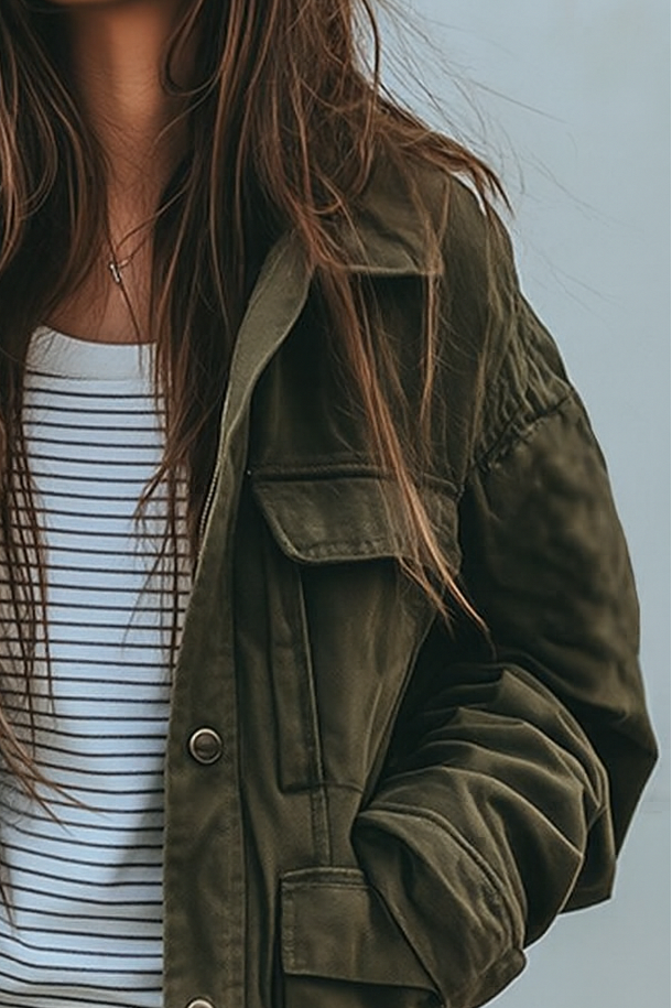Women's Utility Jacket in Green, Relaxed Military-Style Fit with Pockets