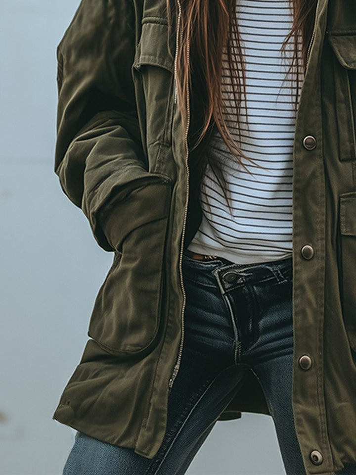 Women's Utility Jacket in Green, Relaxed Military-Style Fit with Pockets