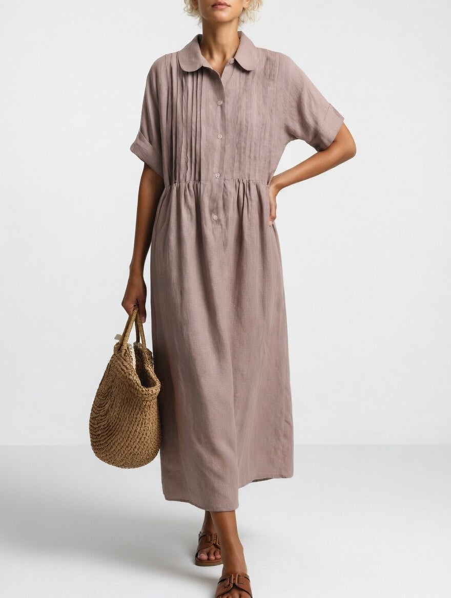 Casual Cotton Maxi Shirt Dress with Button Placket and Short Sleeves