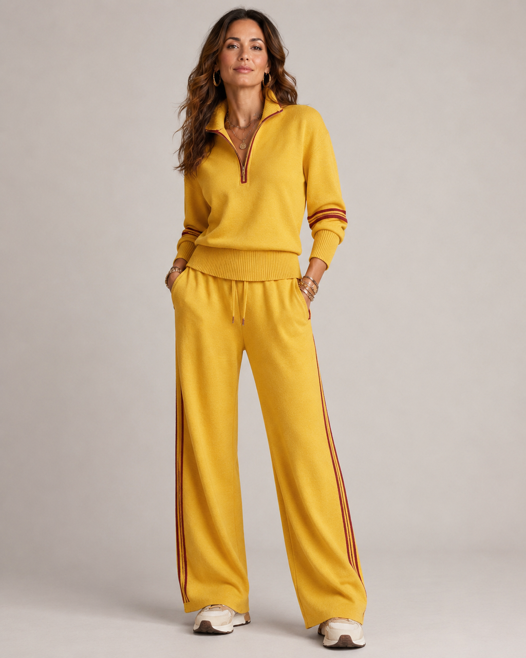 Knitted Two-Piece Set with Quarter-Zip Sweater and Wide-Leg Pants