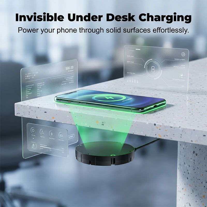 Wireless under-desk charger | Hidden mounting | Charges through wood & stone