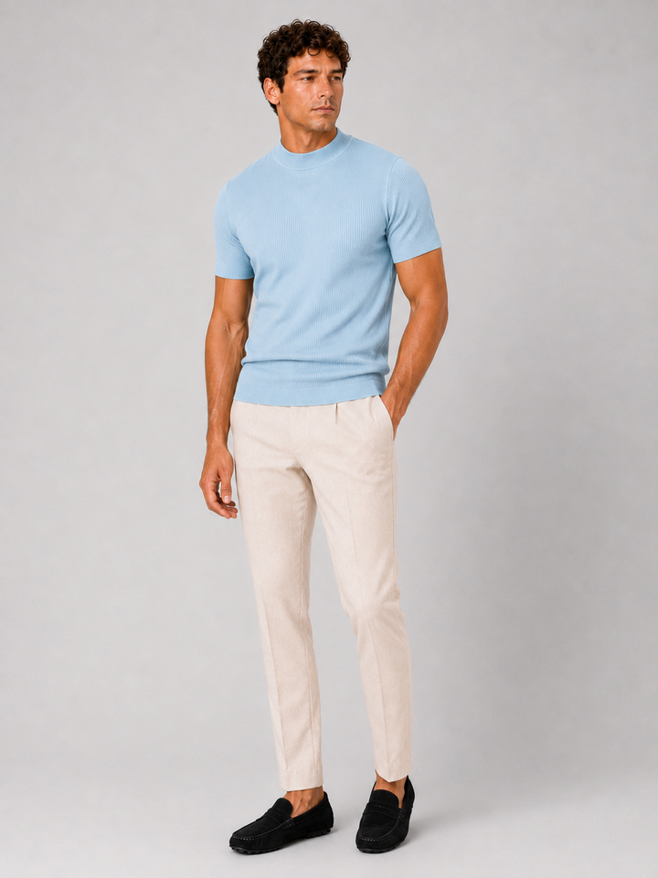 Men's ribbed T-shirt with stand-up collar – fitted stretch short-sleeved top