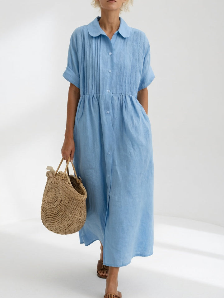 Casual Cotton Maxi Shirt Dress with Button Placket and Short Sleeves