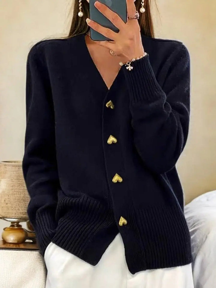 Long cardigan with V-neck and heart-shaped buttons