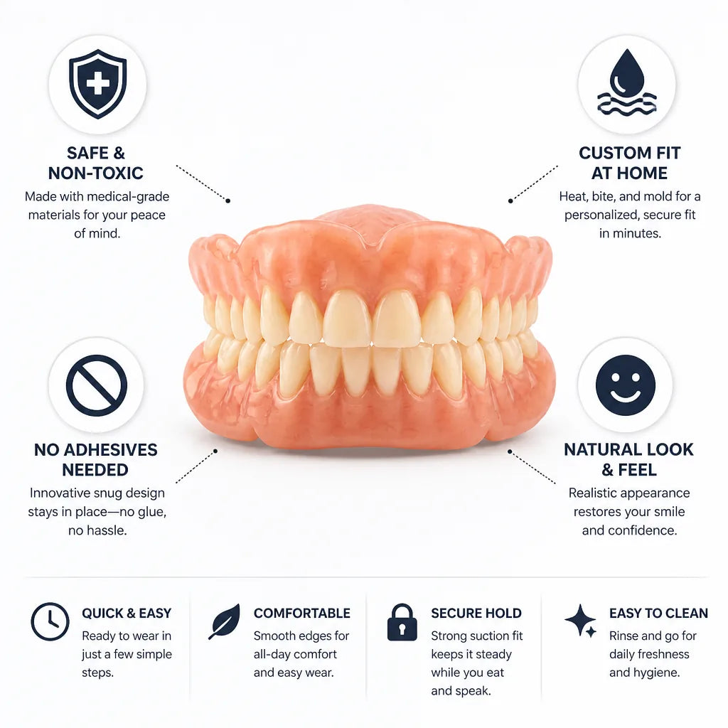 Denture Set, Thermoformable, Customizable, No Adhesive Needed