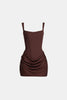 Mini dress with boned bodice, square neckline, draped skirt and lace-up back.