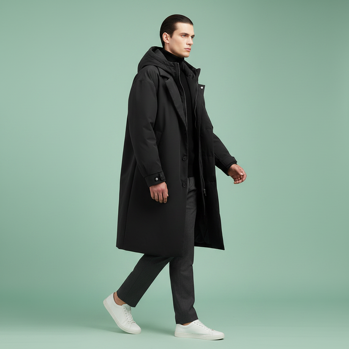 Men's Waterproof Hooded Trench Coat, Long Rain Jacket for City and Travel