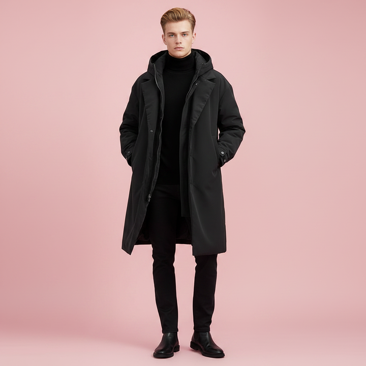 Men's Waterproof Hooded Trench Coat, Long Rain Jacket for City and Travel