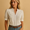 Embroidered White Blouse with Stand Collar