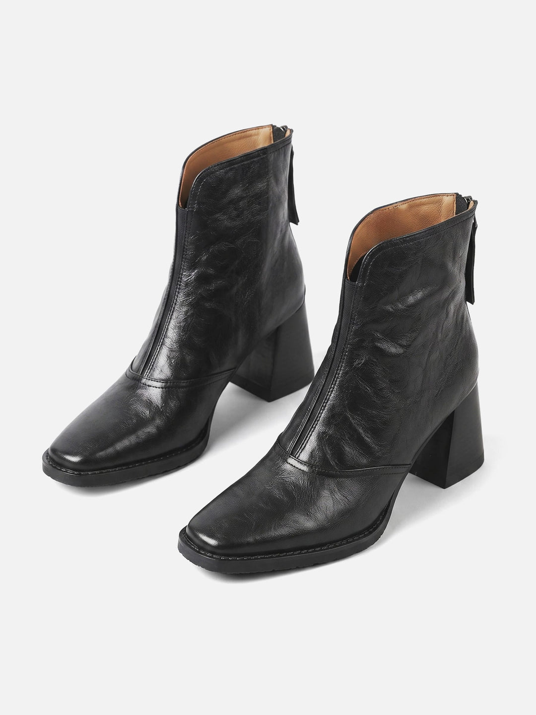 Women's Leather Zip Ankle Boots with Block Heel
