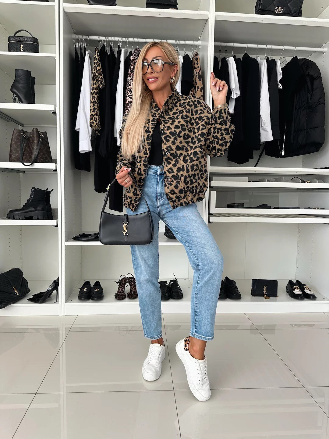 Leopard-Print Bomber-Style Jacket with Front Buttons