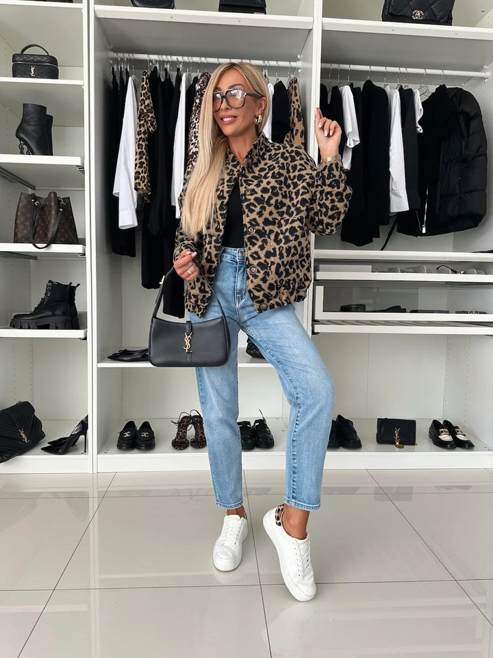 Leopard-Print Bomber-Style Jacket with Front Buttons