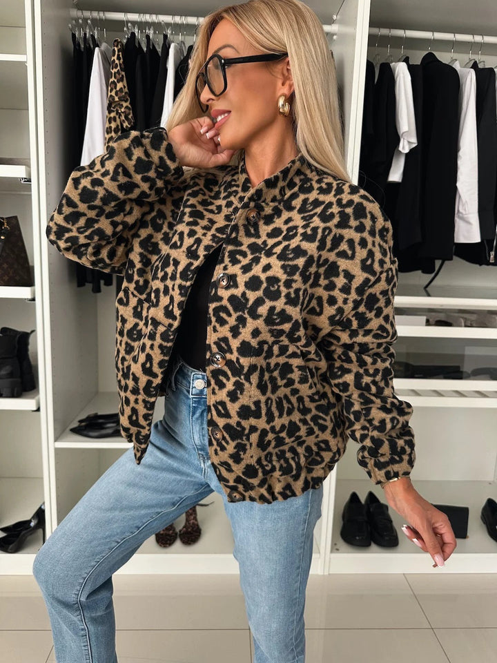 Leopard-Print Bomber-Style Jacket with Front Buttons