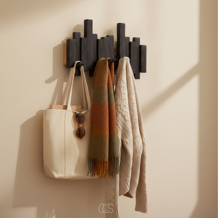 "Piano" wooden wall coat rack with folding hooks – hallway & bedroom