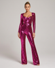 Women's sequin jumpsuit with sweetheart neckline, long sleeves and belted waist
