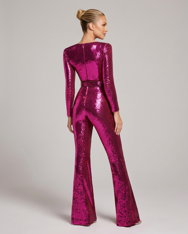 Women's sequin jumpsuit with sweetheart neckline, long sleeves and belted waist