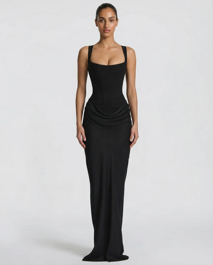 Corset Maxi Dress with Draped Skirt and Lace-Up Back