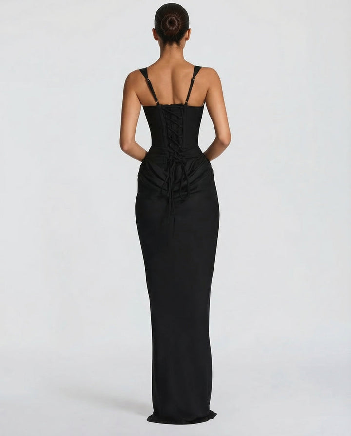 Corset Maxi Dress with Draped Skirt and Lace-Up Back