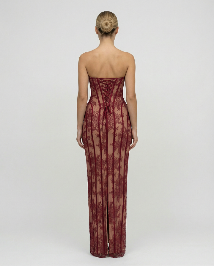 Strapless Floral Lace Maxi Dress with Corset