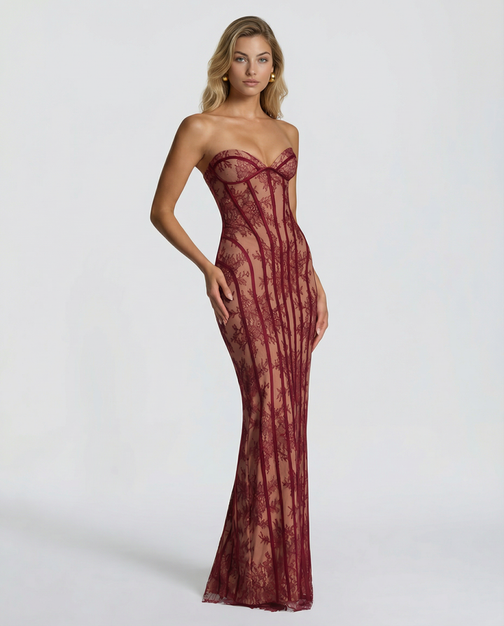 Strapless Floral Lace Maxi Dress with Corset